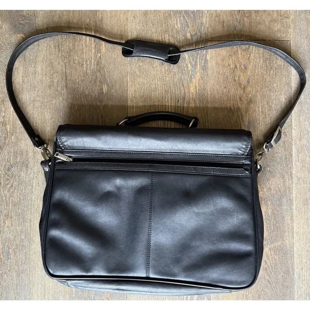 Dilana Black Leather Laptop Bag Briefcase Messenger Shoulder Bag Work Office EUC